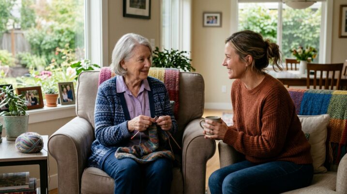 A family member sits with a knitting senior enjoying a visit during a short-term stay in senior living.