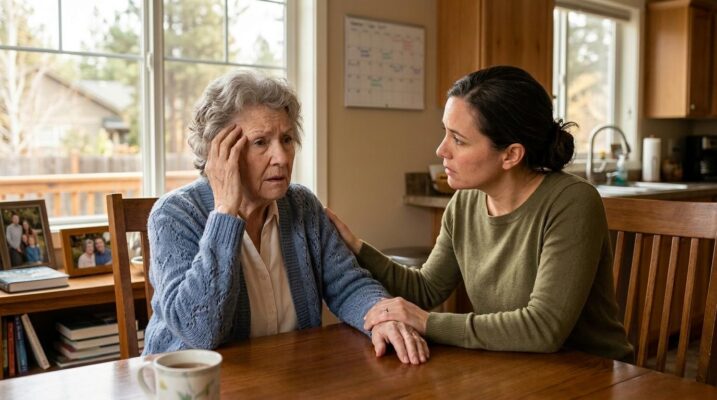 A senior with alzheimer's looks confused, while a family member is helping them.