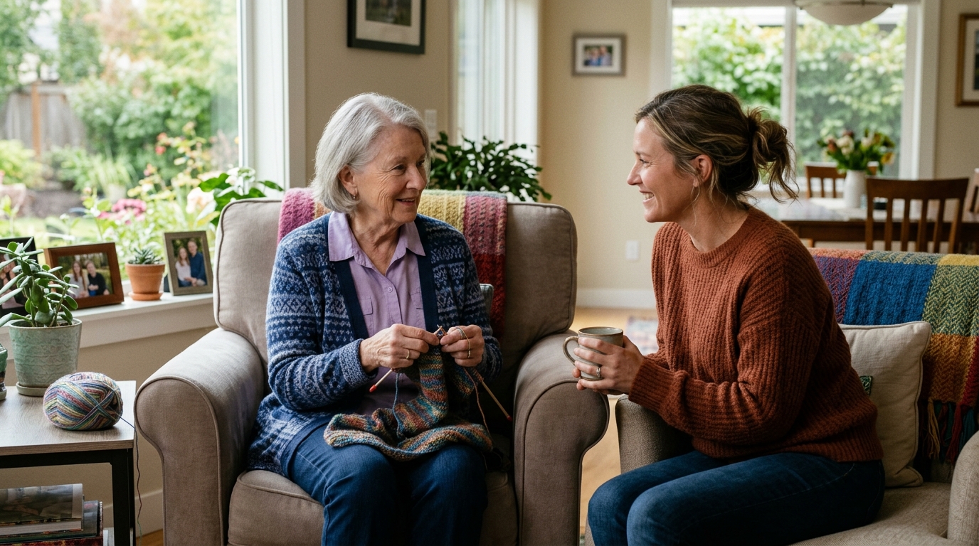 A family member sits with a knitting senior enjoying a visit during a short-term stay in senior living.
