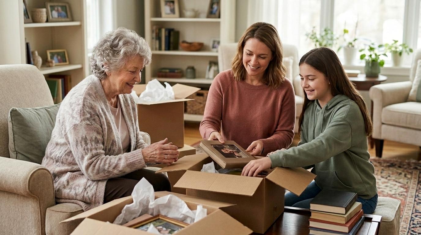 Family members help a senior pack to move to a memory care community.