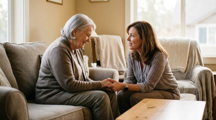 A person holds an older adult’s hands while sitting together in a living room.