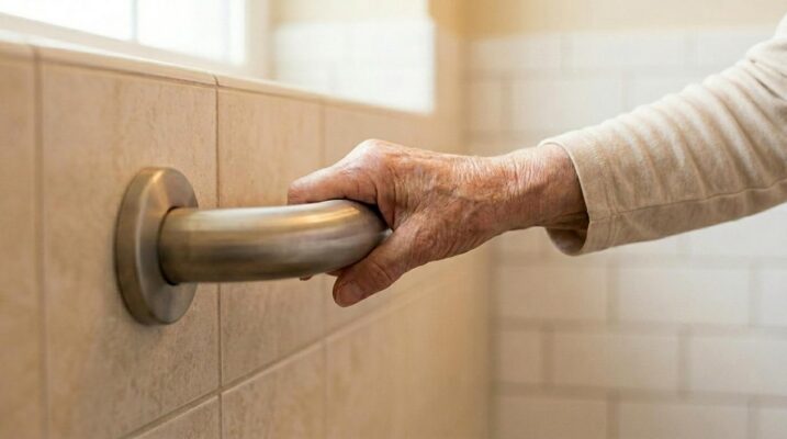 A close-up image of an older adult holding a grab bar in their bathroom for support.