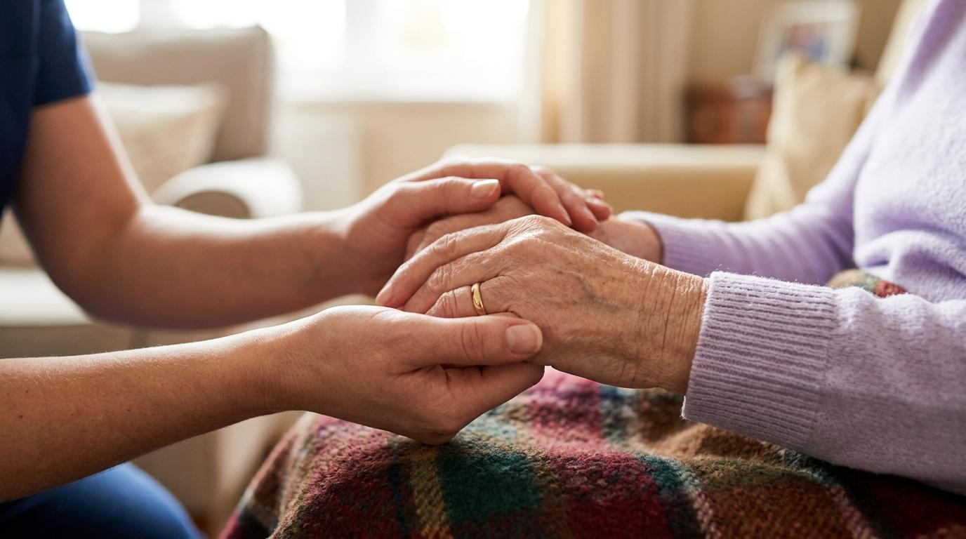 A caregiver gently clasps the hands of an older resident to show support in a memory care community.